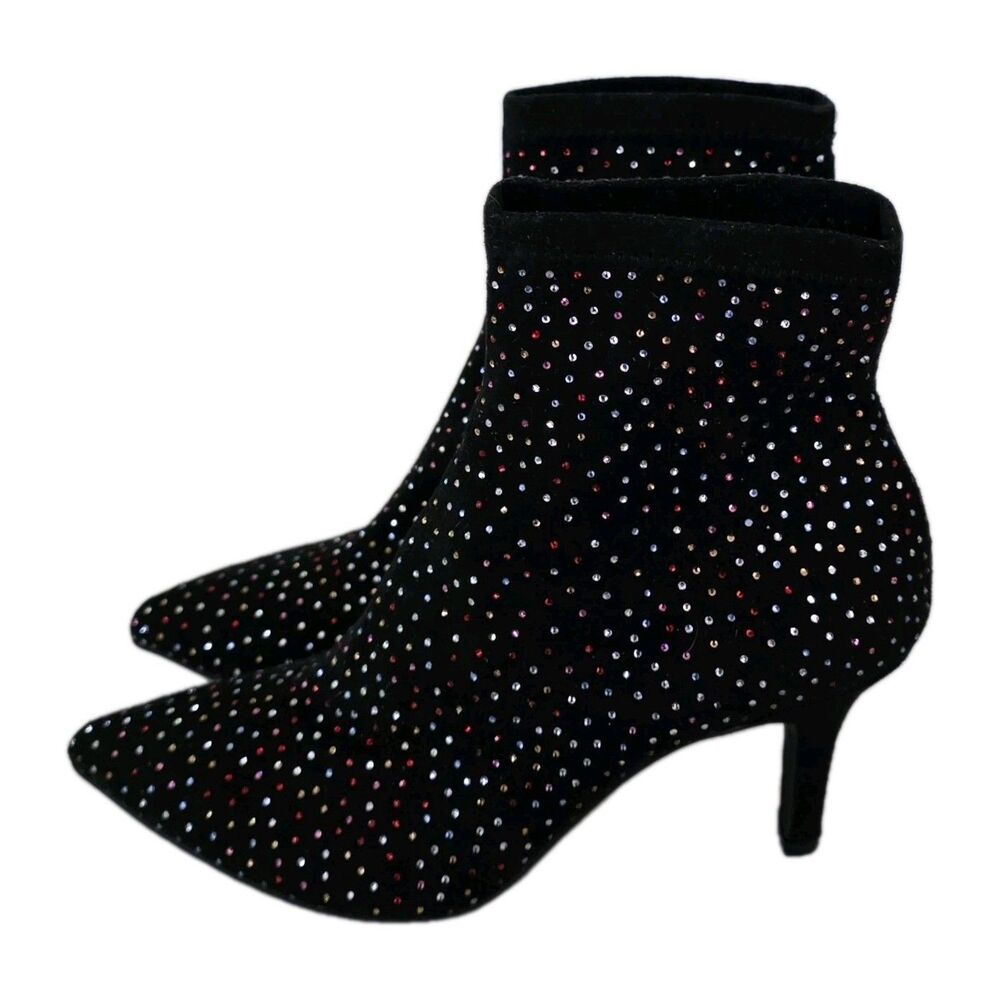 INC International Concepts 7.5 Bray Sock Black Heel Booties W Red Rhinestones - Picture 4 of 14